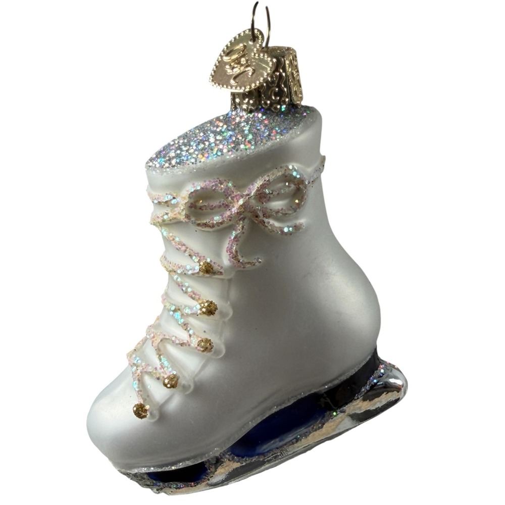 Old World Christmas White Ice Skate Glass Ornament Glitter Pink Laces